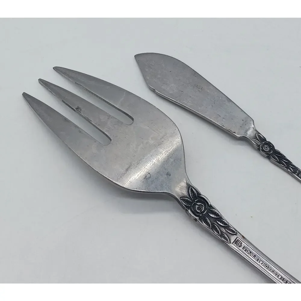 Vtg Stanley Roberts Cold Meat Serving Fork Master Butter Knife SRB10 Roses MCM